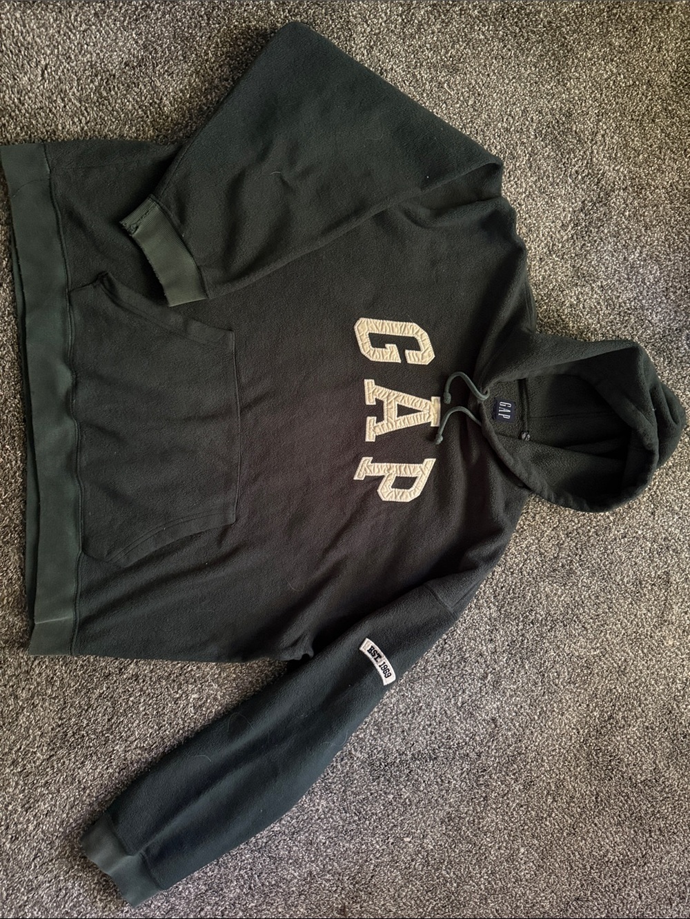 Vintage GAP Dark Green Fleece Hoodie with Contrasting Cream Logo
